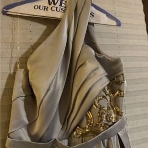 A-line One-Shoulder Sleeveless Sweep Train Satin Prom Dresses With Split Pleated